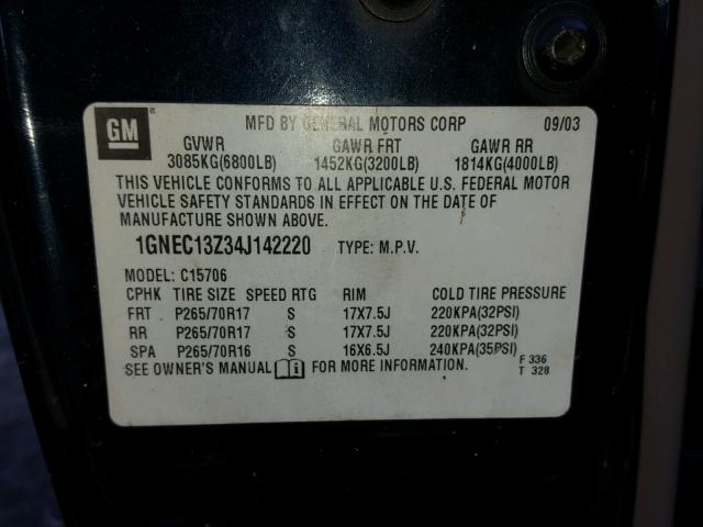 1GNEC13Z34J142220 - 2004 CHEVROLET TAHOE C150 BLUE photo 10