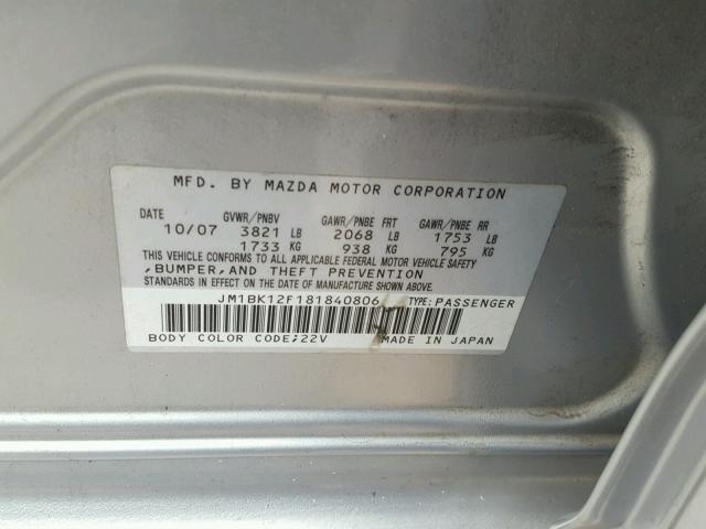 JM1BK12F181840806 - 2008 MAZDA 3 I SILVER photo 10