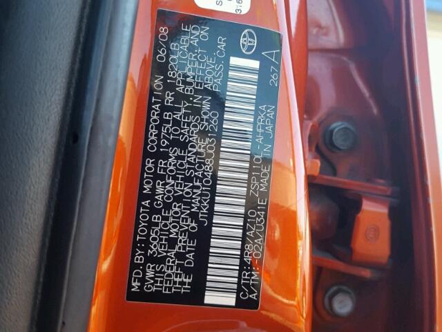 JTKKU10488J031260 - 2008 TOYOTA SCION XD ORANGE photo 10