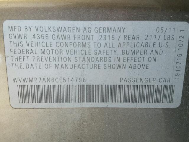 WVWMP7AN6CE514796 - 2012 VOLKSWAGEN CC SPORT GRAY photo 10