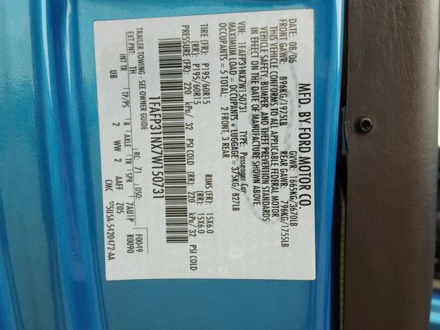 1FAFP31NX7W150731 - 2007 FORD FOCUS ZX3 BLUE photo 10