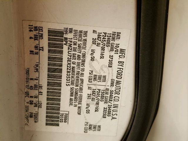 1FMZU73EX2ZB35315 - 2002 FORD EXPLORER X WHITE photo 10