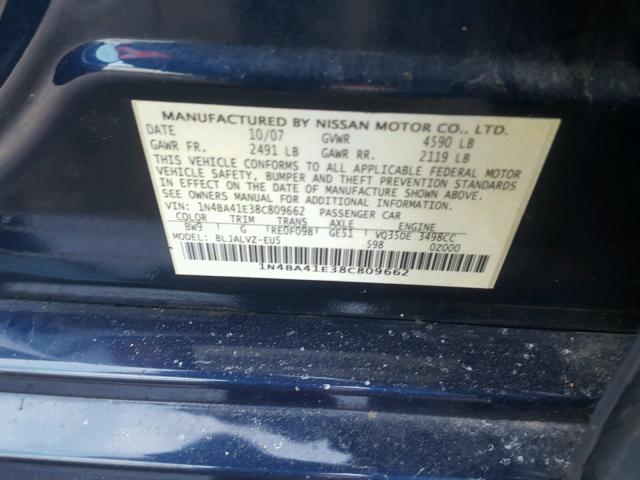 1N4BA41E38C809662 - 2008 NISSAN MAXIMA SE BLUE photo 10