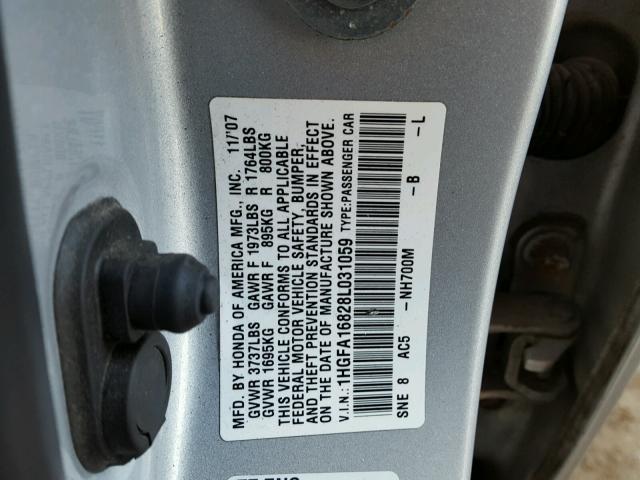 1HGFA16828L031059 - 2008 HONDA CIVIC EX SILVER photo 10