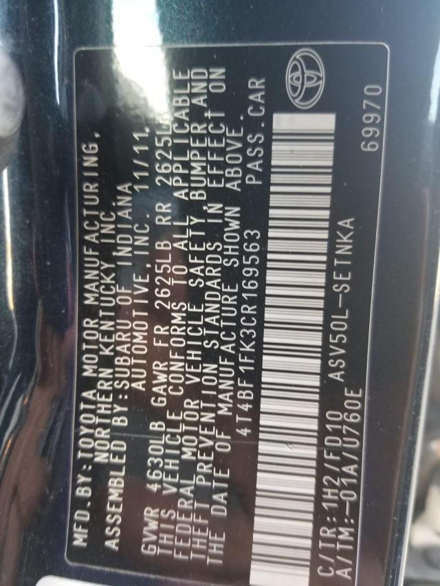 4T4BF1FK3CR169563 - 2012 TOYOTA CAMRY BASE 黑色 照片 10