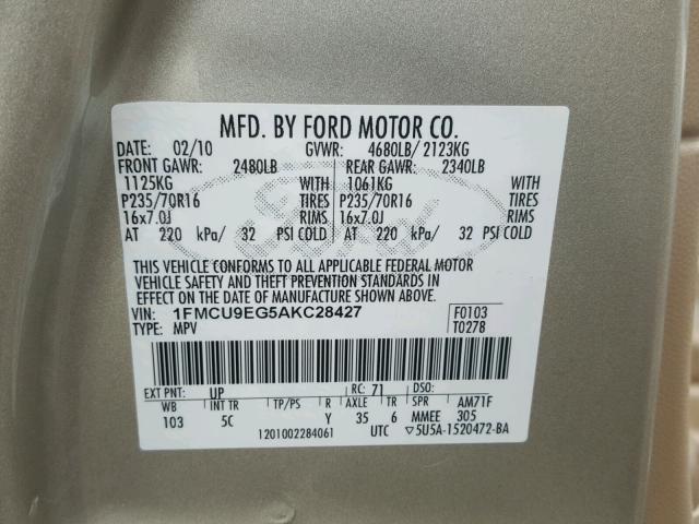 1FMCU9EG5AKC28427 - 2010 FORD ESCAPE LIM GOLD photo 10