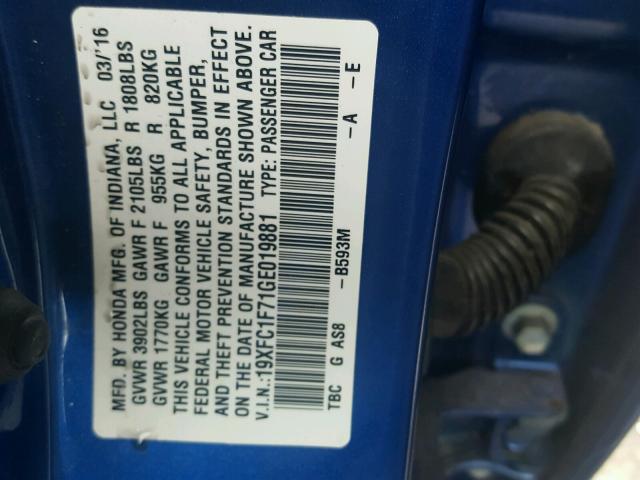 19XFC1F71GE019881 - 2016 HONDA CIVIC EXL BLUE photo 10