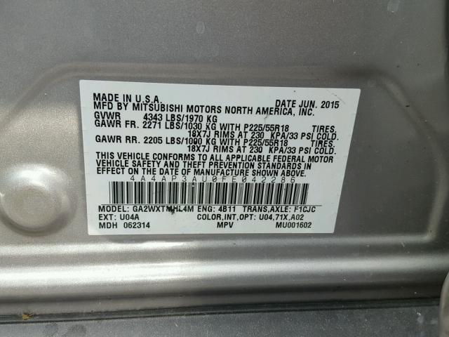 4A4AP3AU0FE042286 - 2015 MITSUBISHI OUTLANDER SILVER photo 10