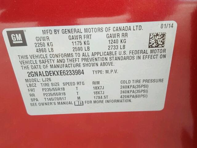 2GNALDEKXE6233984 - 2014 CHEVROLET EQUINOX LT RED photo 10