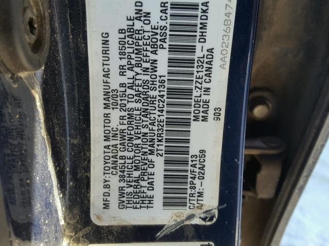 2T1KR32E14C241361 - 2004 TOYOTA COROLLA MA BLUE photo 10