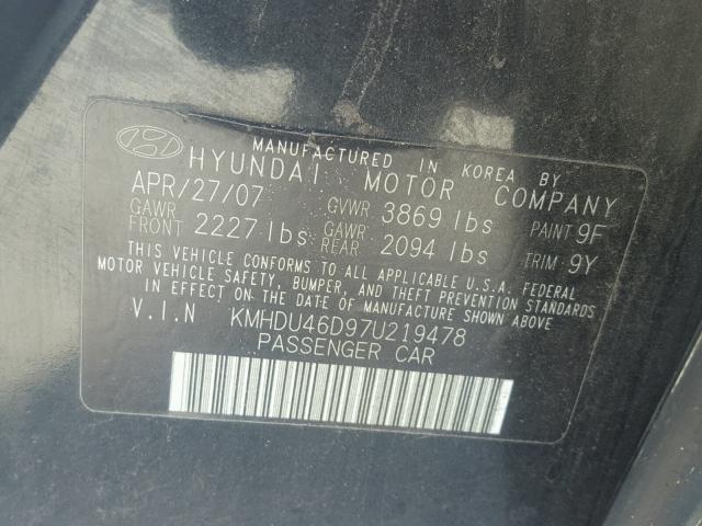 KMHDU46D97U219478 - 2007 HYUNDAI ELANTRA GL BLACK photo 10