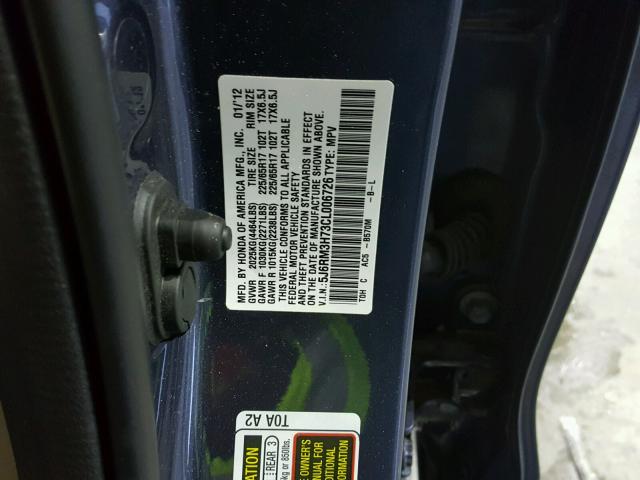 5J6RM3H73CL006726 - 2012 HONDA CR-V EXL BLUE photo 10