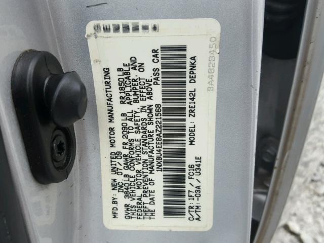 1NXBU4EE8AZ221568 - 2010 TOYOTA COROLLA BA SILVER photo 10