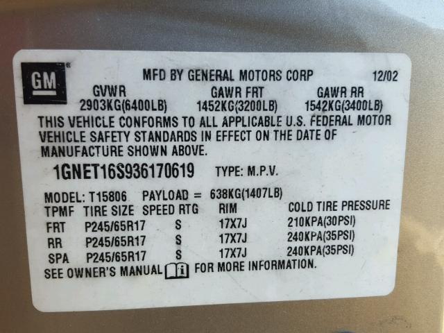 1GNET16S936170619 - 2003 CHEVROLET TRAILBLAZE TAN photo 10