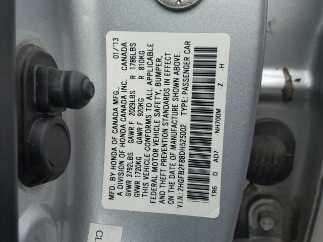 2HGFB2F88DH525002 - 2013 HONDA CIVIC EX ნაცრისფერი ფოტო 10