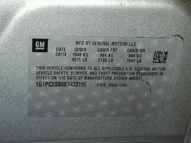 1G1PC5SB8E7472195 - 2014 CHEVROLET CRUZE LT SILVER photo 10