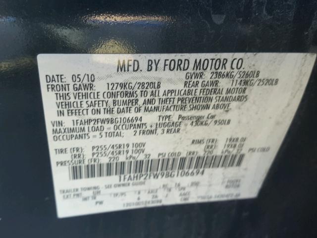 1FAHP2FW9BG106694 - 2011 FORD TAURUS LIM BLACK photo 10