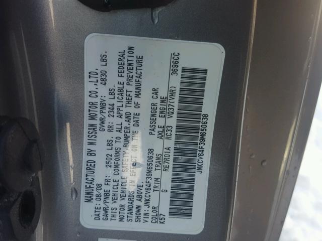 JNKCV64F39M650638 - 2009 INFINITI G37 GRAY photo 10