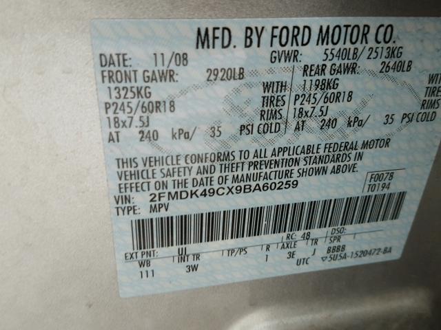 2FMDK49CX9BA60259 - 2009 FORD EDGE LIMIT SILVER photo 10