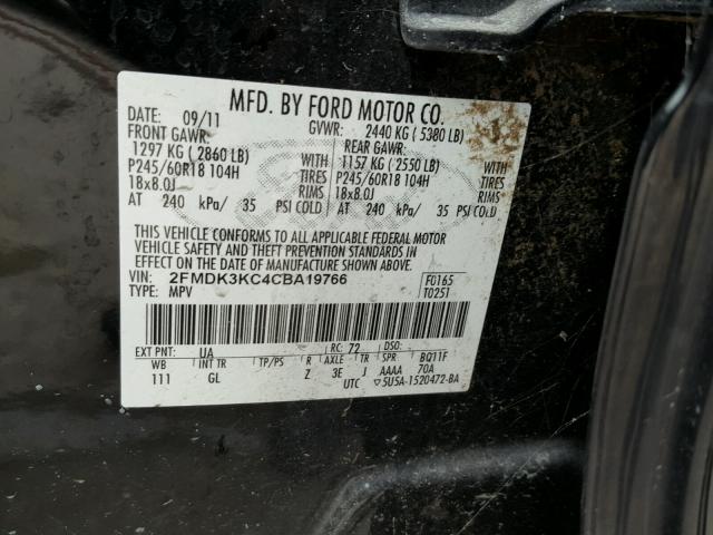 2FMDK3KC4CBA19766 - 2012 FORD EDGE LIMIT BLACK photo 10