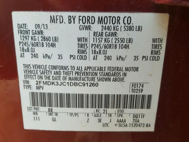 2FMDK3JC1DBC91260 - 2013 FORD EDGE SEL RED photo 10