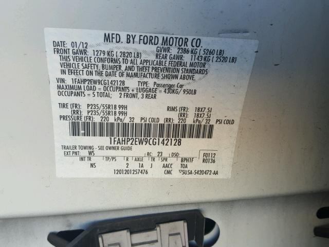 1FAHP2EW9CG142128 - 2012 FORD TAURUS SEL WHITE photo 10