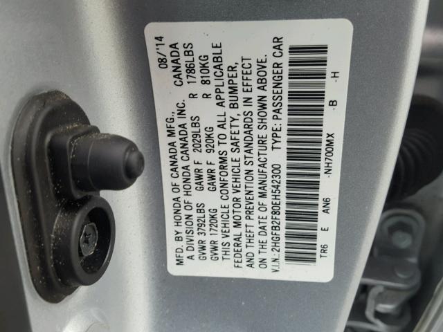 2HGFB2F80EH542300 - 2014 HONDA CIVIC EX SILVER photo 10