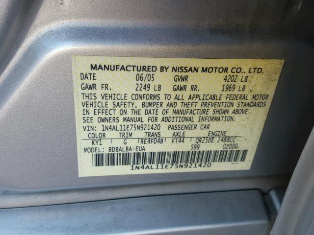 1N4AL11E75N921420 - 2005 NISSAN ALTIMA S SILVER photo 10