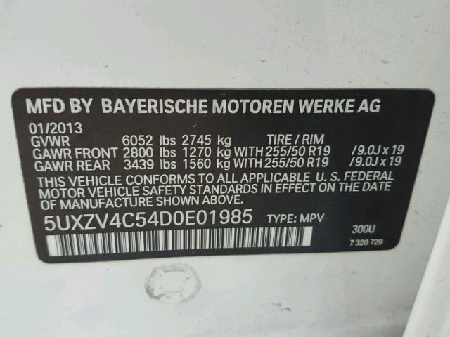 5UXZV4C54D0E01985 - 2013 BMW X5 XDRIVE3 WHITE photo 10