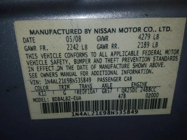 1N4AL21E98N535849 - 2008 NISSAN ALTIMA 2.5 SILVER photo 10