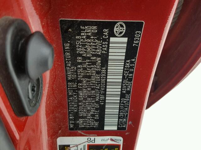 4T1BF1FK0CU629384 - 2012 TOYOTA CAMRY BASE RED photo 10