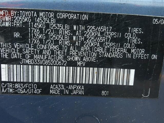 JTMBD33V085200672 - 2008 TOYOTA RAV4 BLUE photo 10