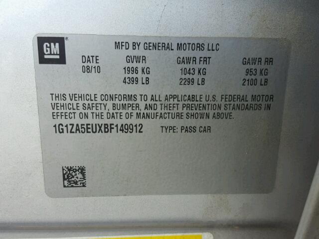 1G1ZA5EUXBF149912 - 2011 CHEVROLET MALIBU LS SILVER photo 10