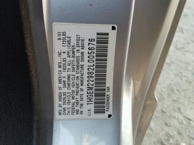 1HGEM22982L005676 - 2002 HONDA CIVIC EX GRAY photo 10