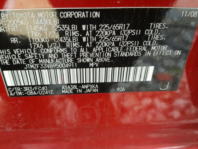 JTMZF33V695004911 - 2009 TOYOTA RAV4 RED photo 10