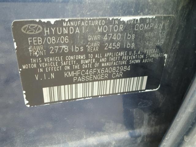 KMHFC46FX6A082984 - 2006 HYUNDAI AZERA SE BLUE photo 10