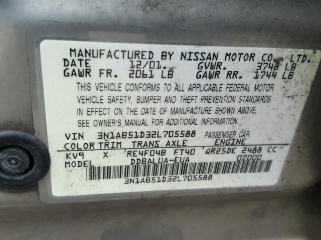 3N1AB51D32L705588 - 2002 NISSAN SENTRA SE- SILVER photo 10