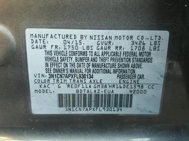 3N1CN7APXFL930134 - 2015 NISSAN VERSA S SILVER photo 10