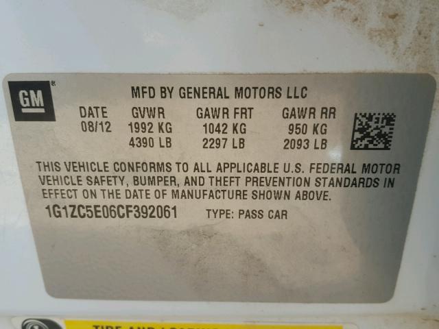 1G1ZC5E06CF392061 - 2012 CHEVROLET MALIBU 1LT 白色 照片 10