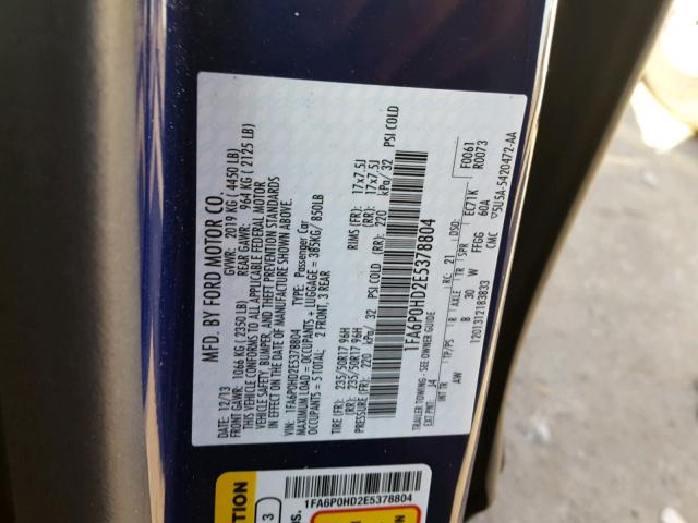 1FA6P0HD2E5378804 - 2014 FORD FUSION SE BLUE photo 10