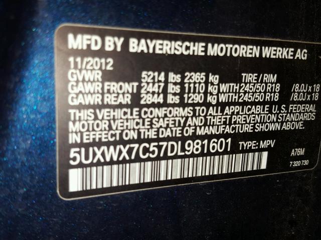 5UXWX7C57DL981601 - 2013 BMW X3 XDRIVE3 BLUE photo 10