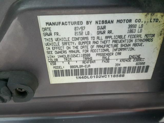 1N4DL01D2WC118588 - 1998 NISSAN ALTIMA XE TAN photo 10