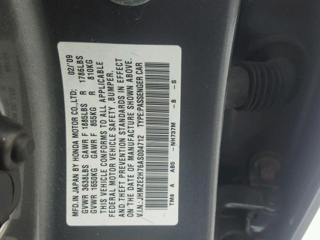 JHMZE2H76AS004712 - 2010 HONDA INSIGHT EX GRAY photo 10