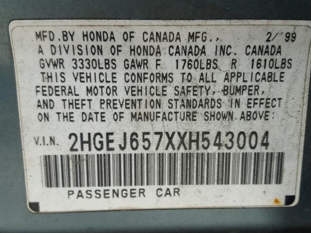 2HGEJ657XXH543004 - 1999 HONDA CIVIC LX BLUE photo 10