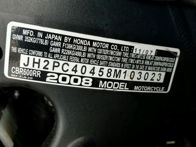 JH2PC40458M103023 - 2008 HONDA CBR600 RR GRAY photo 10