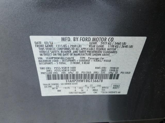 1FAHP2HW1BG156678 - 2011 FORD TAURUS SEL GRAY photo 10