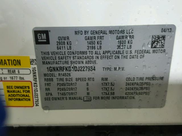 1GNKRFKD1DJ227934 - 2013 CHEVROLET TRAVERSE L WHITE photo 10