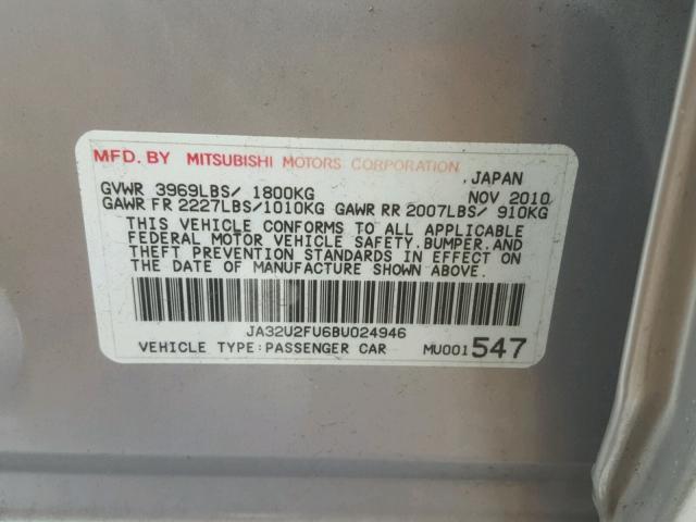 JA32U2FU6BU024946 - 2011 MITSUBISHI LANCER ES/ SILVER photo 10