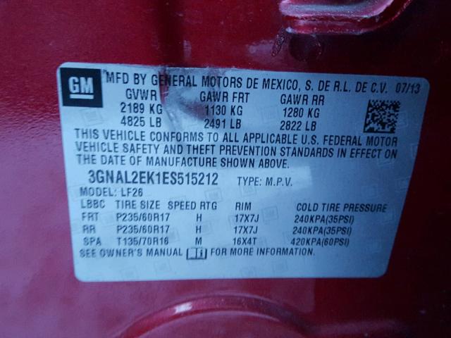 3GNAL2EK1ES515212 - 2014 CHEVROLET CAPTIVA LS 红色 照片 10