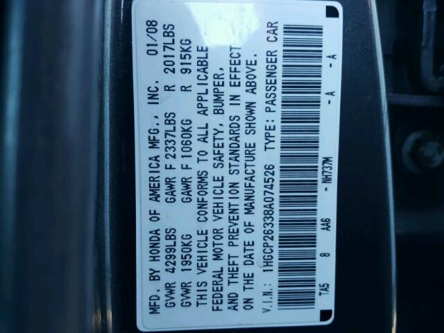 1HGCP26338A074526 - 2008 HONDA ACCORD LX CHARCOAL photo 10